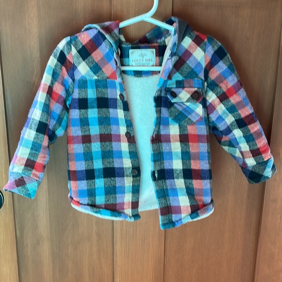 Loucy Miel fuzzy lined flannel with grey hood. Sz 18-36 months - Picture 3 of 4
